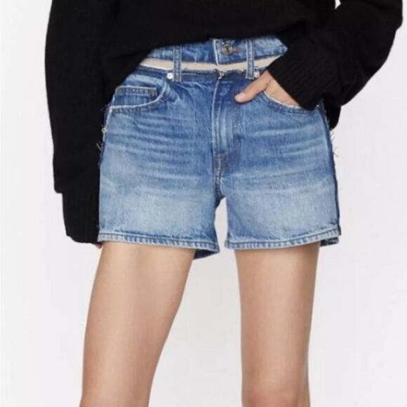 FRAME Atelier Sheer Inset Denim Shorts In Azul Size 34 Womens New - Picture 4 of 5